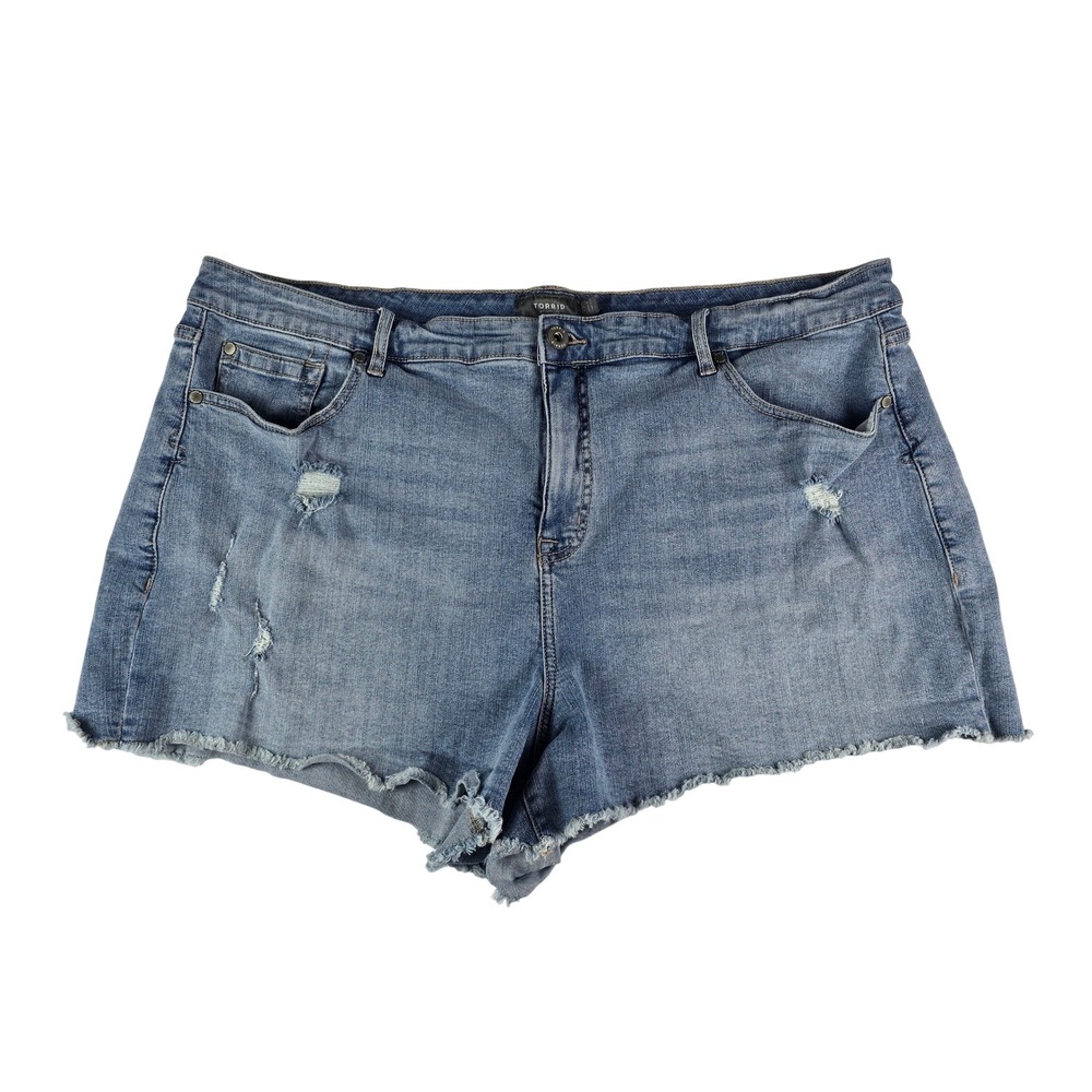 Torrid Distressed Denim Shorts Women 22 Medium Wash Blue Raw Hem Frayed Stretch
